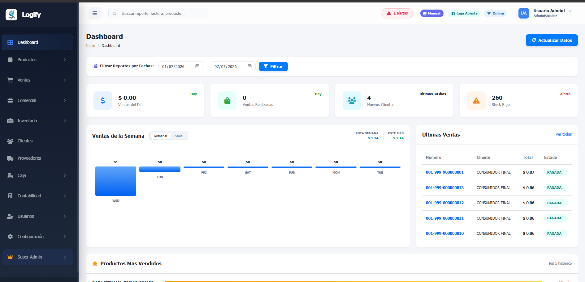 Panel de control Logify